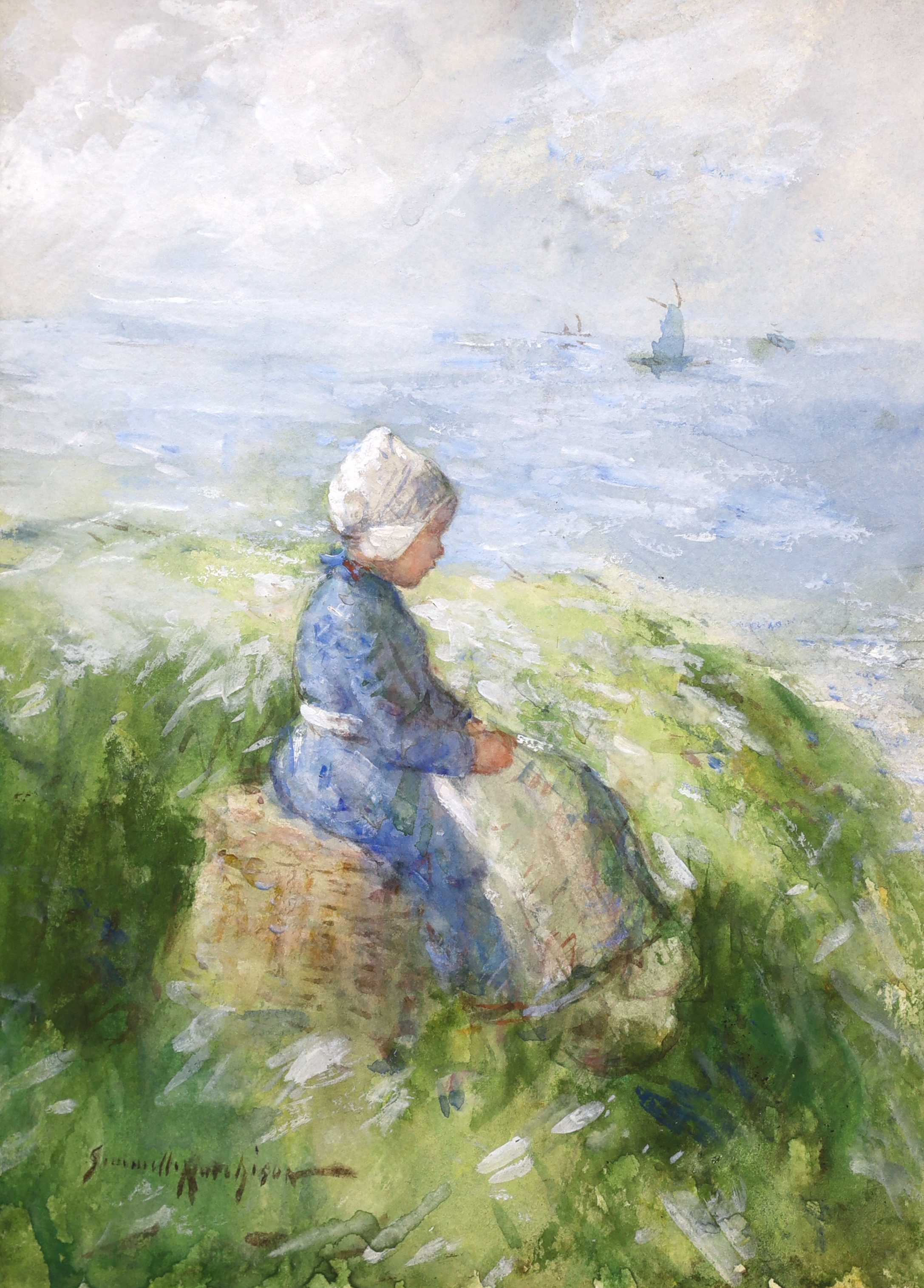 Robert Gemmell Hutchinson RBA, ROI, RSA, RSW, (Scottish, 1860-1936), 'Waiting for father', watercolour, 26.5 x 20cm, Please note this lot attracts an additional import tax of 5% on the hammer price